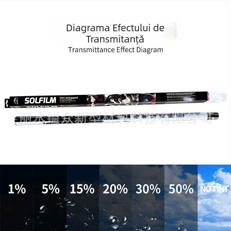 Film pentru geamuri auto, izolație termică și protecție UV, PET, 2 mil, lățime 30–150 cm, transmisie luminoasă 1–70%, blocare UV peste 90%