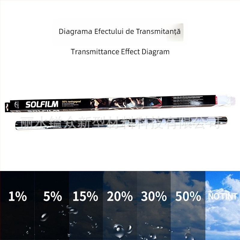 Film pentru geamuri auto, izolație termică și protecție UV, PET, 2 mil, lățime 30–150 cm, transmisie luminoasă 1–70%, blocare UV peste 90%
