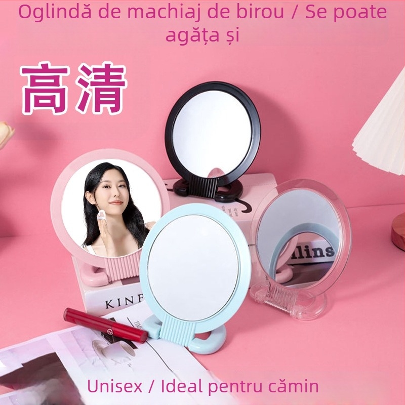 Oglindă de birou cu două fețe, cu mărire, pliabilă, design de agățare, lentilă din aluminiu, ramă PU/PS/PVC