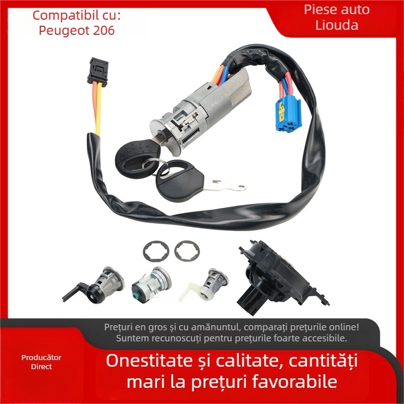 Leoda încuietoare de ușă auto cu 3 cilindri, cheie de aprindere și capac rezervor, 2 chei, pentru Peugeot 206 (1998–)