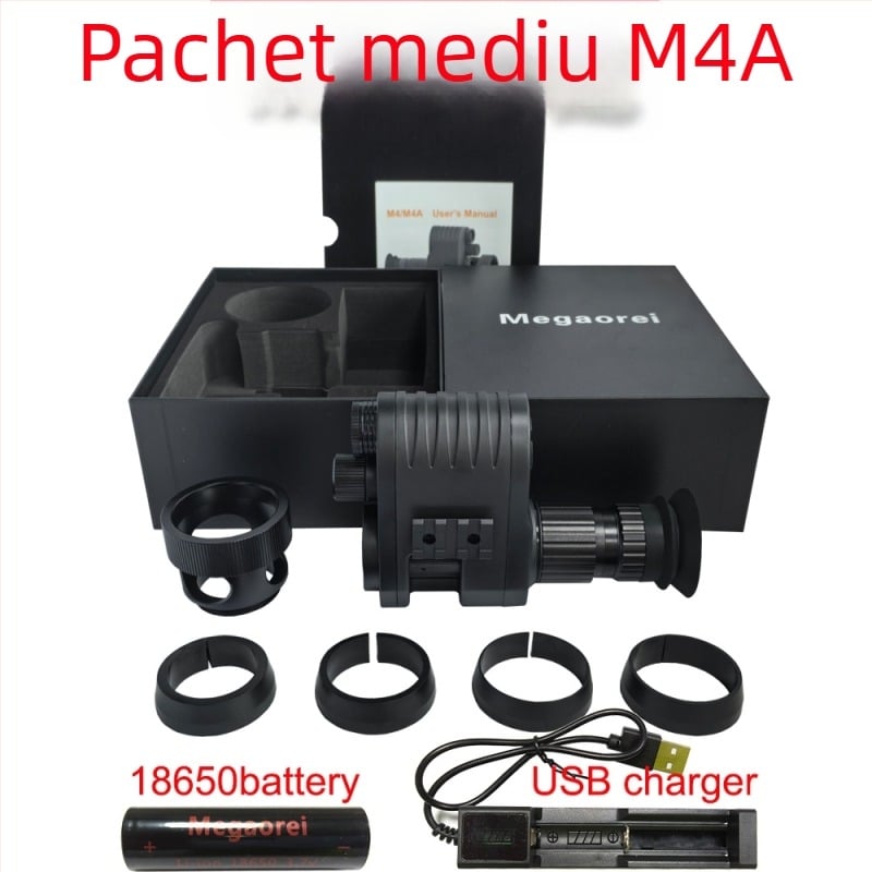 Telescop de vedere pe timp de noapte infraroșu Megaorei M4A, mărire 1–4×; obiectiv de 12 mm; rază eficientă 200–400 m; tensiune de funcționare 3,7 V; greutate 0,8 kg