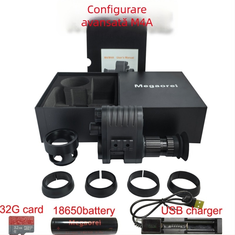 Telescop de vedere pe timp de noapte infraroșu Megaorei M4A, mărire 1–4×; obiectiv de 12 mm; rază eficientă 200–400 m; tensiune de funcționare 3,7 V; greutate 0,8 kg