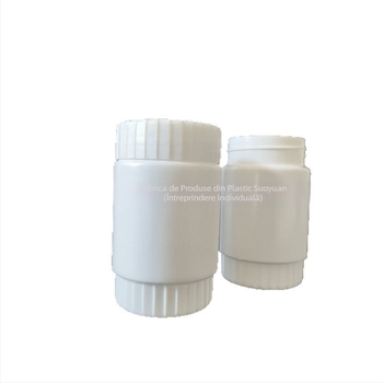 Sticlă din plastic cu gură largă pentru ambalarea agrochimicalelor; diametru 34 mm; Grosime perete 1 mm; capac anti-furt.