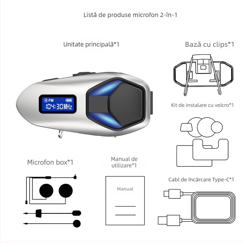 Casca de motocicletă Bluetooth cu intercom și partajare muzică, rezistentă la apă, Bluetooth 6.0, rază de 10 m, autonomie aproximativă 20 h