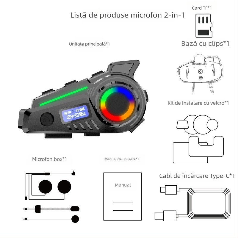 Casca de motocicletă Bluetooth cu intercom și partajare muzică, rezistentă la apă, Bluetooth 6.0, rază de 10 m, autonomie aproximativă 20 h