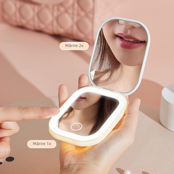 Oglindă cosmetică cu dublă mărire, iluminare cu trei culori și oglindă pliabilă pentru călătorii (cadru din plastic; lentilă din aluminiu)