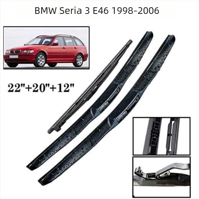 Ștergătoare pentru BMW 3 Series E46 break (1998-2006) – față și spate, model KJ-197; unghi de ștergere 180°; tensiune 12V; material: cauciuc natural cu placă de oțel de înaltă calitate