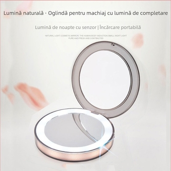 Oglindă de machiaj cu LED, iluminare, oglindă pliabilă cu două fețe, mărire 2–10x, cadru din plastic, imprimare logo disponibil