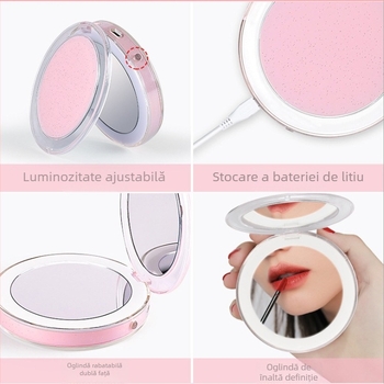 Oglindă de machiaj cu LED, iluminare, oglindă pliabilă cu două fețe, mărire 2–10x, cadru din plastic, imprimare logo disponibil