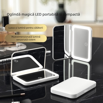 Oglindă de machiaj portabilă cu LED, lumină tri-coloare, întrerupător magnetic, 2x mărire, oglindă din aluminiu