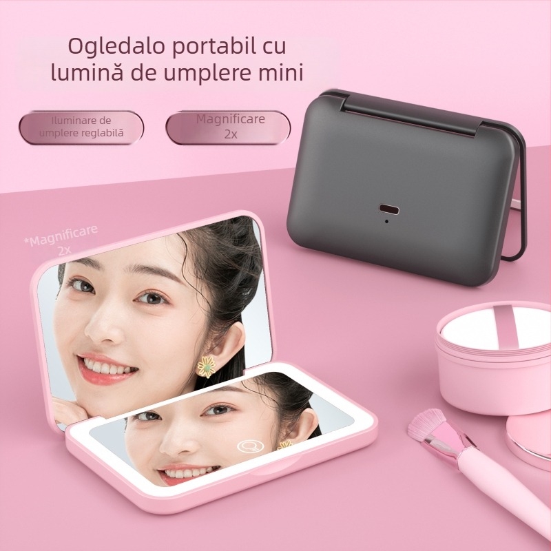 Oglindă de machiaj portabilă cu LED, lumină tri-coloare, întrerupător magnetic, 2x mărire, oglindă din aluminiu