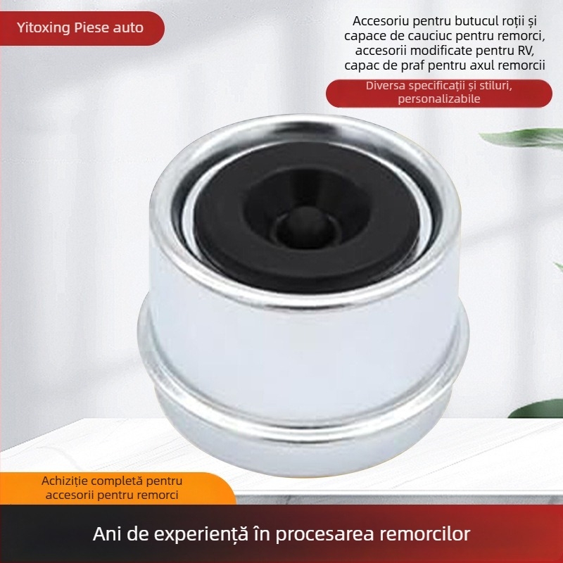 Capă de praf pentru axul de rulare al remorcii, cu dop din cauciuc, material zincat, prelucrare personalizată, compatibil universal cu remorci, camping-cars și platforme