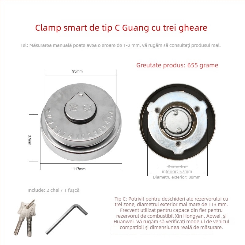 Capac rezervor camion cu lacăt antifurt, husă universală împotriva prafului, design cu trei gheare, robust pentru camioane grele (Material: oțel; Origine: provincia Henan; Brand: Loud; Modele compatibile: camion mare)