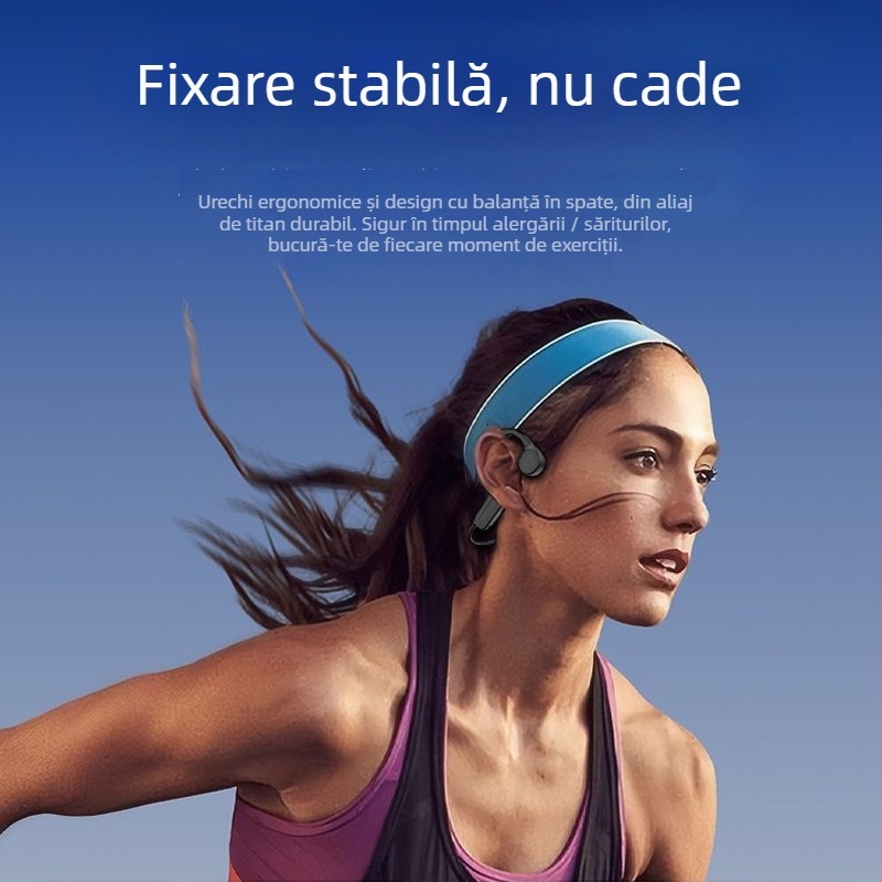 Căști cu conductie osoasă Bluetooth 6.0, rezistente la apă IPX5, sunet stereo, autonomie baterie peste 8 ore, rază de acțiune 15 m