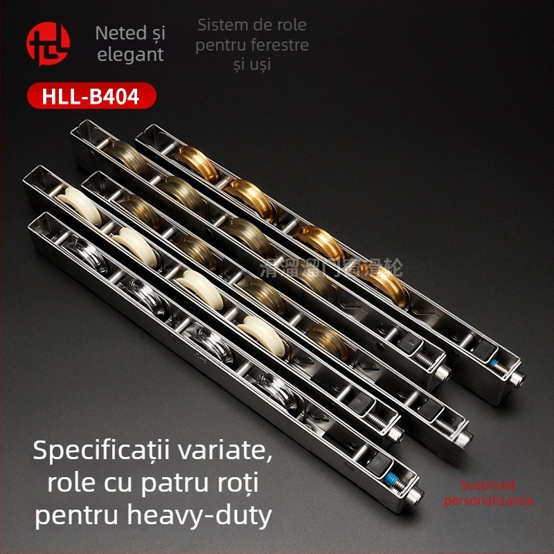 Rola pentru ușa glisantă din oțel inoxidabil, cu patru roți, model HLL-B404, pentru rame din aluminiu cu separare termică; potrivită pentru uși, ferestre și vitrine