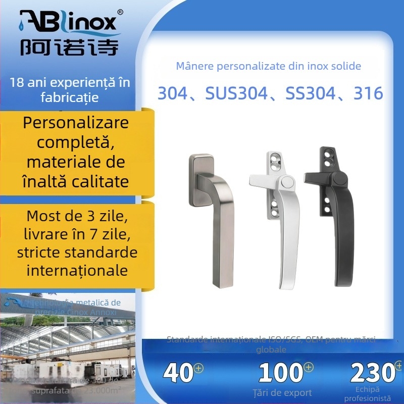 Mâner din oțel inoxidabil 304 pentru ferestre, uși și dulapuri; construcție solidă, stil modern minimalist; finisaje de suprafață: electroplating, șlefuire, lustruire, gravare cu laser, anodizare.