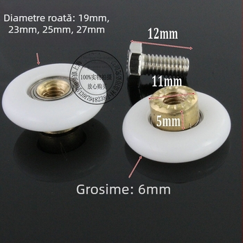 Rulă pentru duș pentru ușă glisantă din sticlă – material clinker, diametru exterior 25 mm, diametru ax 19 mm, rază a șanțului pentru frânghie 15 mm, grosime perete 6 mm