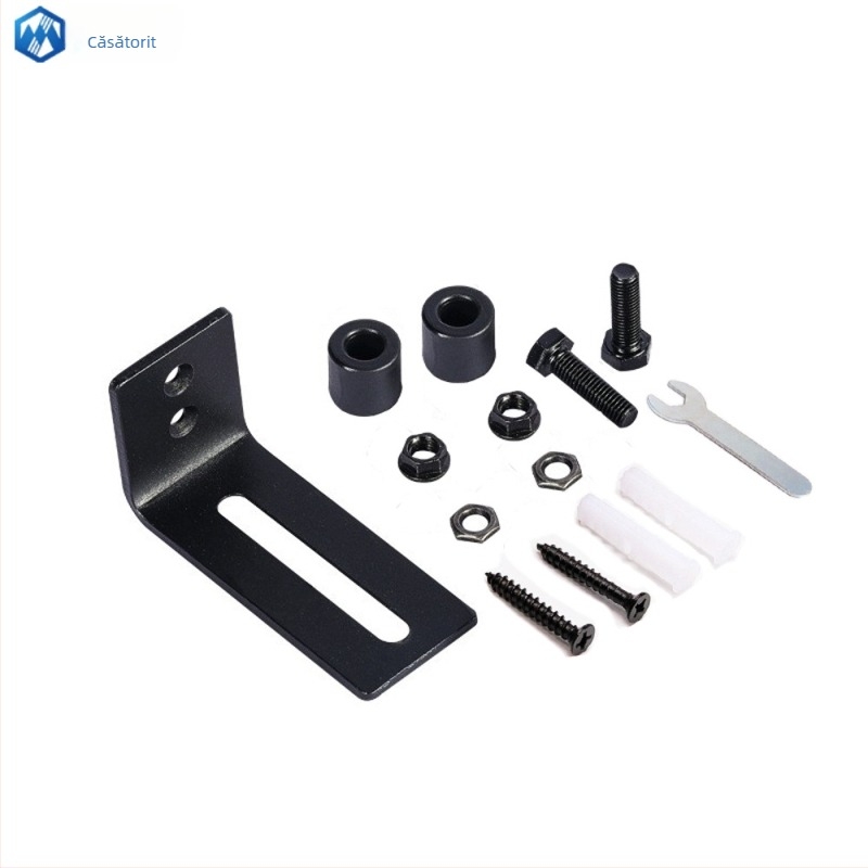 Set de accesorii pentru ușa de hambar din oțel-carbon: ghidaj pe perete și podea, opritor pendular, ușă glisantă cu două roți, fără caneluri