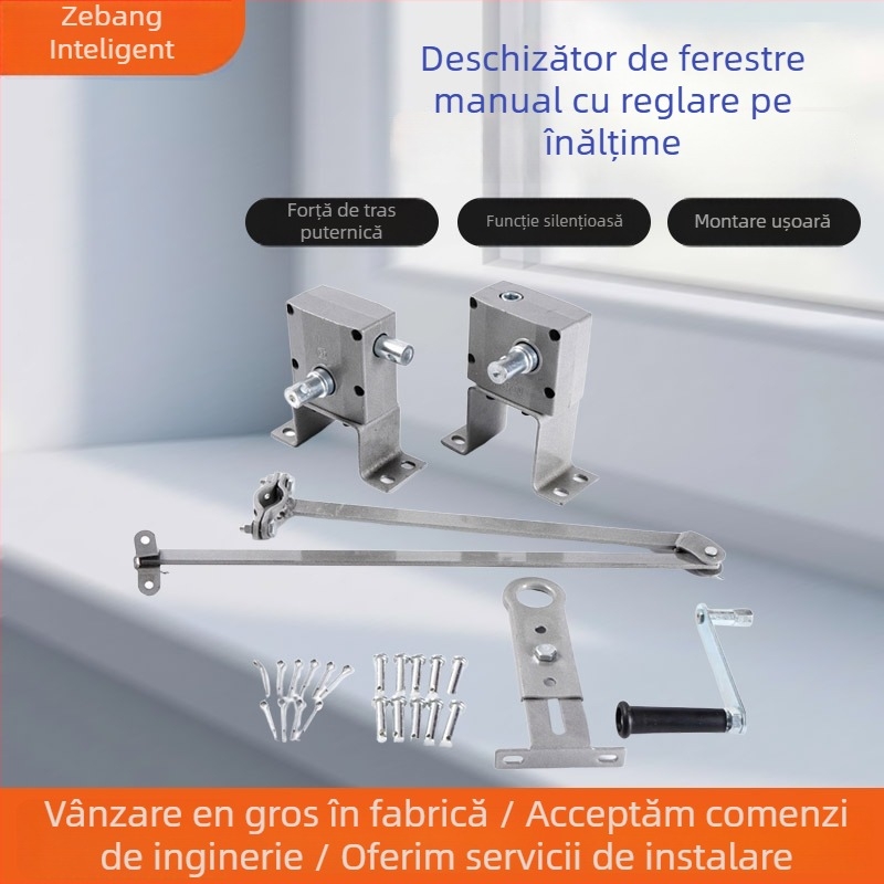 Deschizător de fereastră manual cu manivelă reglabilă și braț curbat, din aliaj de aluminiu