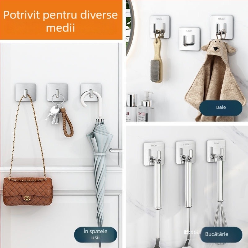 Cârlig din oțel inoxidabil cu adeziv pentru ușile bucătăriei și băii, fără găuri, montare fără urme, 20–30 kg, design cu mai multe rânduri