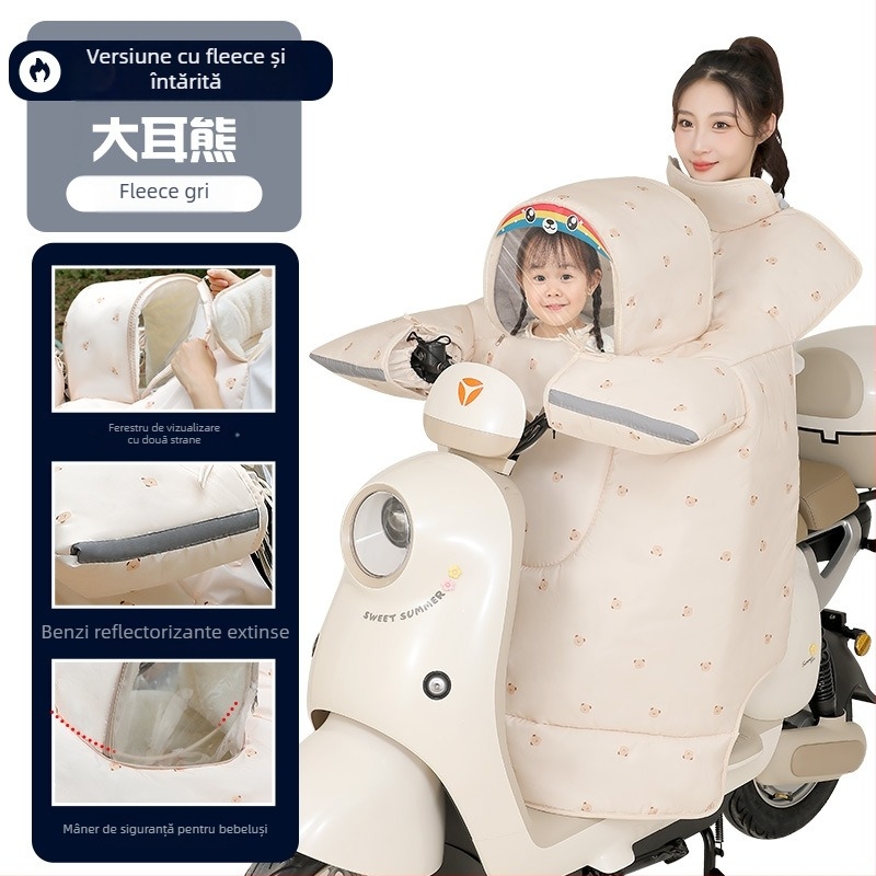 Husă pentru vehicul electric pentru copii, stil părinte-copil, rezistentă la vânt, căptușită cu fleece pentru iarnă, PVC, impermeabilă