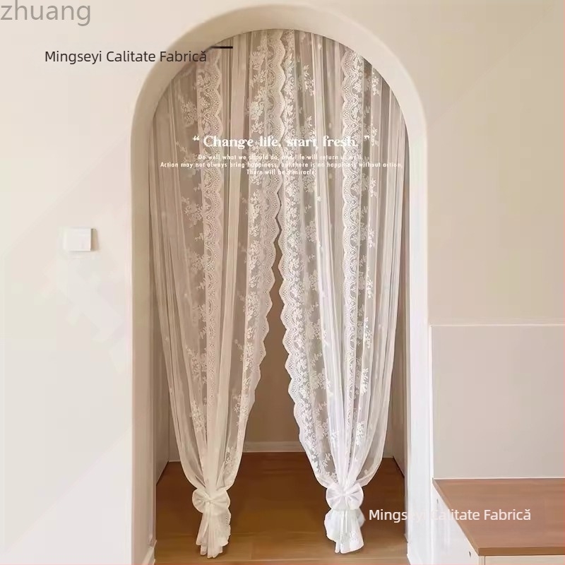 Draperie pentru ușă cu dantelă franțuzească, din bumbac, tip ușă: piele-bumbac, marcă Zhuanhe – model plante și flori, poate transmite lumina, dar nu este transparentă