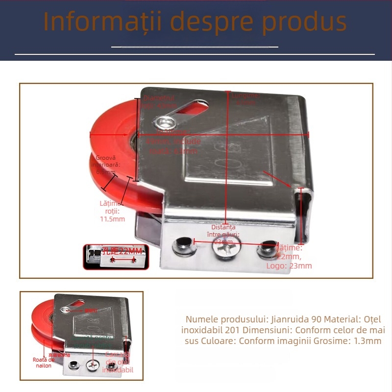 Rola cu rulment pentru fereastră – cadru din oțel inoxidabil și roată din nylon, diametrul exterior 41 mm, ax 20 mm, sarcină maximă 35 kg