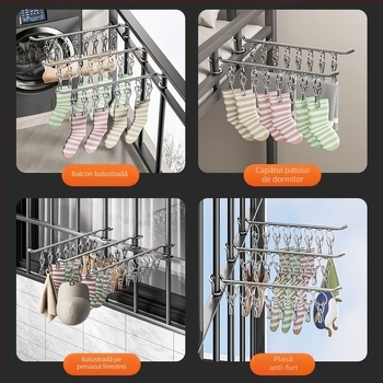 Stativ de uscare haine din oțel inoxidabil, cu o singură tijă și cleme pentru șosete și lenjerie