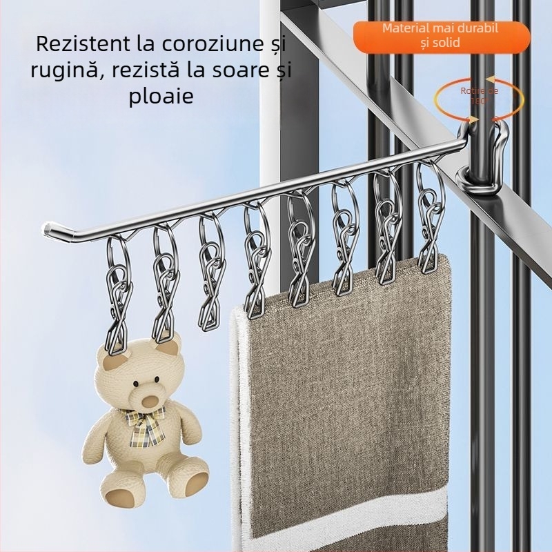 Stativ de uscare haine din oțel inoxidabil, cu o singură tijă și cleme pentru șosete și lenjerie