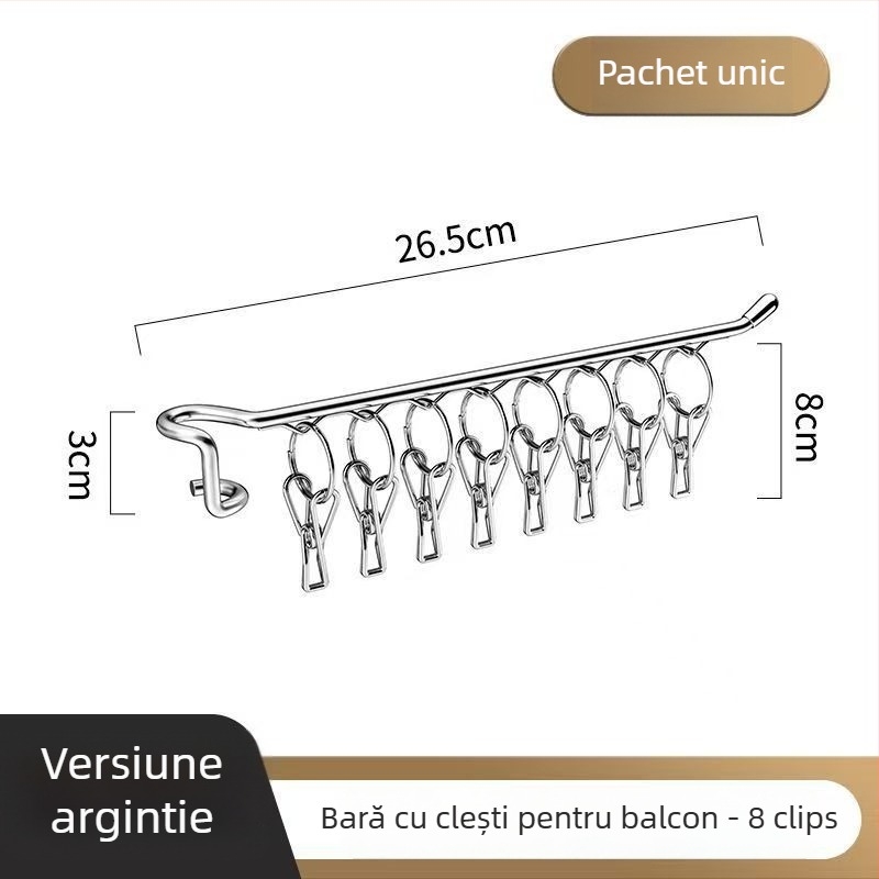 Stativ de uscare haine din oțel inoxidabil, cu o singură tijă și cleme pentru șosete și lenjerie