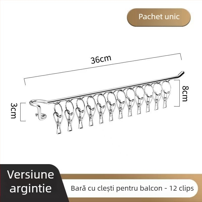 Stativ de uscare haine din oțel inoxidabil, cu o singură tijă și cleme pentru șosete și lenjerie