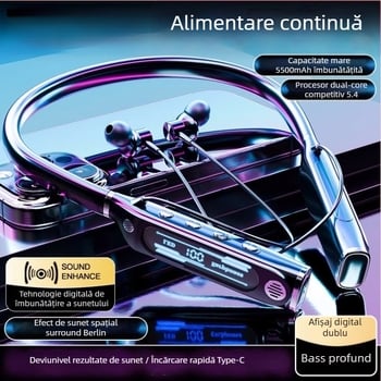 Căști Bluetooth cu bandă pentru gât — Bluetooth 5.4, rază de 10 m, autonomie peste 8 ore, sunet stereo, afișaj digital
