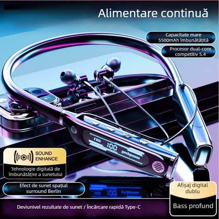 Căști Bluetooth cu bandă pentru gât — Bluetooth 5.4, rază de 10 m, autonomie peste 8 ore, sunet stereo, afișaj digital