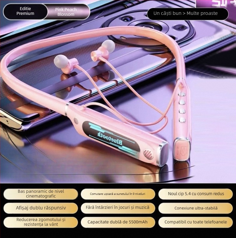 Căști Bluetooth cu bandă pentru gât — Bluetooth 5.4, rază de 10 m, autonomie peste 8 ore, sunet stereo, afișaj digital