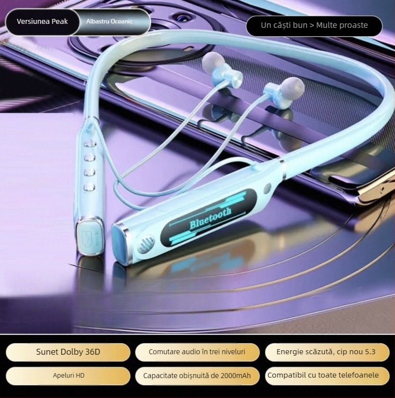 Căști Bluetooth cu bandă pentru gât — Bluetooth 5.4, rază de 10 m, autonomie peste 8 ore, sunet stereo, afișaj digital