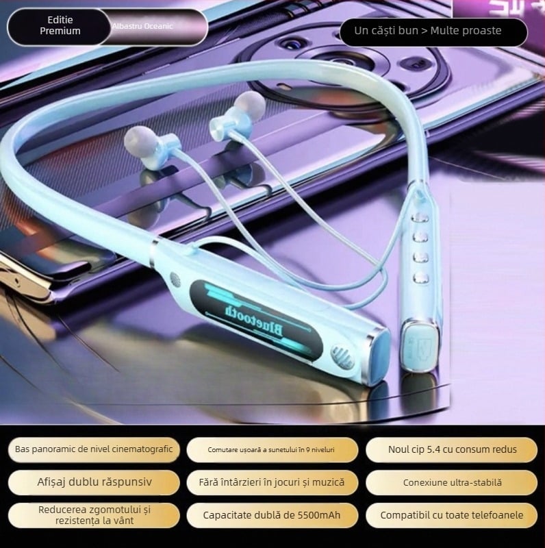 Căști Bluetooth cu bandă pentru gât — Bluetooth 5.4, rază de 10 m, autonomie peste 8 ore, sunet stereo, afișaj digital