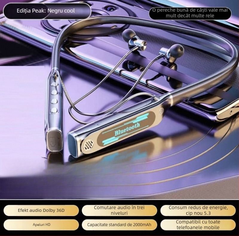 Căști Bluetooth cu bandă pentru gât — Bluetooth 5.4, rază de 10 m, autonomie peste 8 ore, sunet stereo, afișaj digital