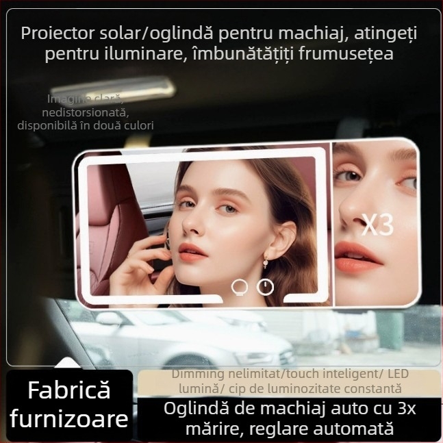 Oglindă de machiaj LED pentru mașină, mărire 5x, control prin atingere, iluminare HD, ramă ABS, lentilă din sticlă