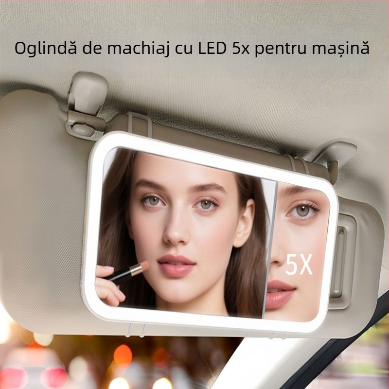 Oglindă de machiaj LED pentru mașină, mărire 5x, control prin atingere, iluminare HD, ramă ABS, lentilă din sticlă