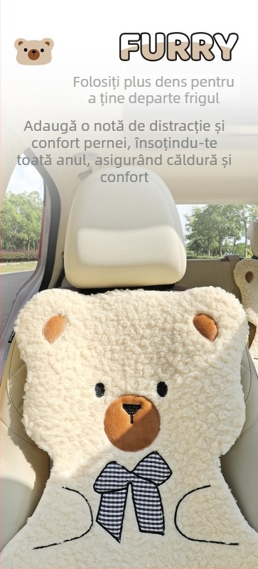 Set de trei perne pentru scaunul auto, iarnă, potrivire universală pentru scaunul șoferului, suprafață pluș moale, antiaderent, design urs desen animat