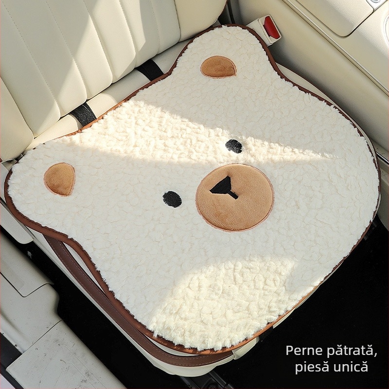 Set de trei perne pentru scaunul auto, iarnă, potrivire universală pentru scaunul șoferului, suprafață pluș moale, antiaderent, design urs desen animat