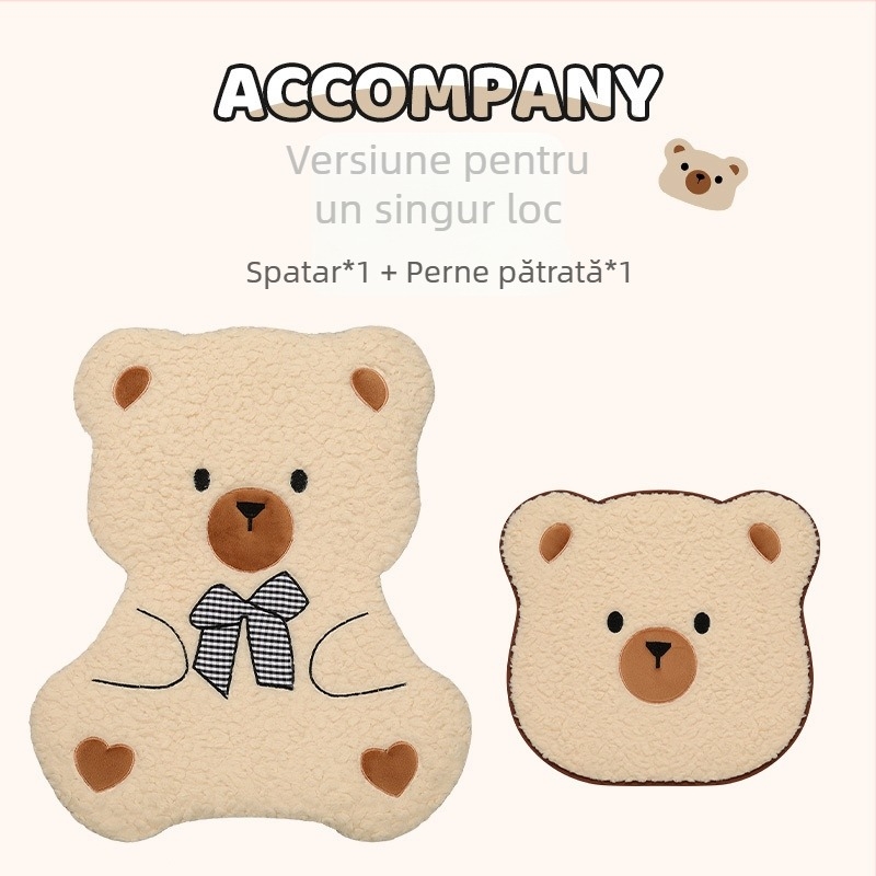 Set de trei perne pentru scaunul auto, iarnă, potrivire universală pentru scaunul șoferului, suprafață pluș moale, antiaderent, design urs desen animat