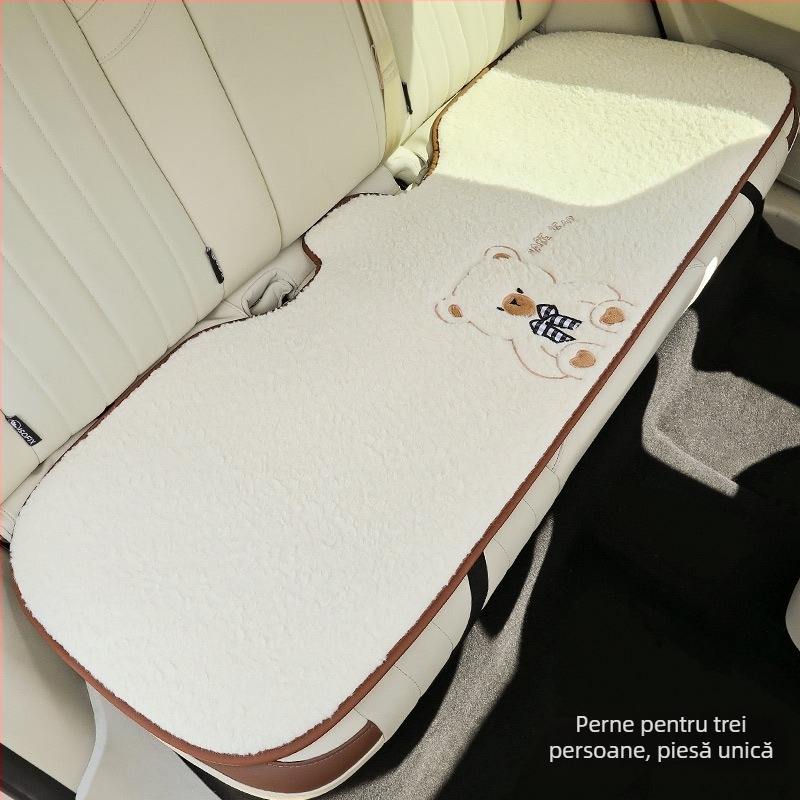 Set de trei perne pentru scaunul auto, iarnă, potrivire universală pentru scaunul șoferului, suprafață pluș moale, antiaderent, design urs desen animat