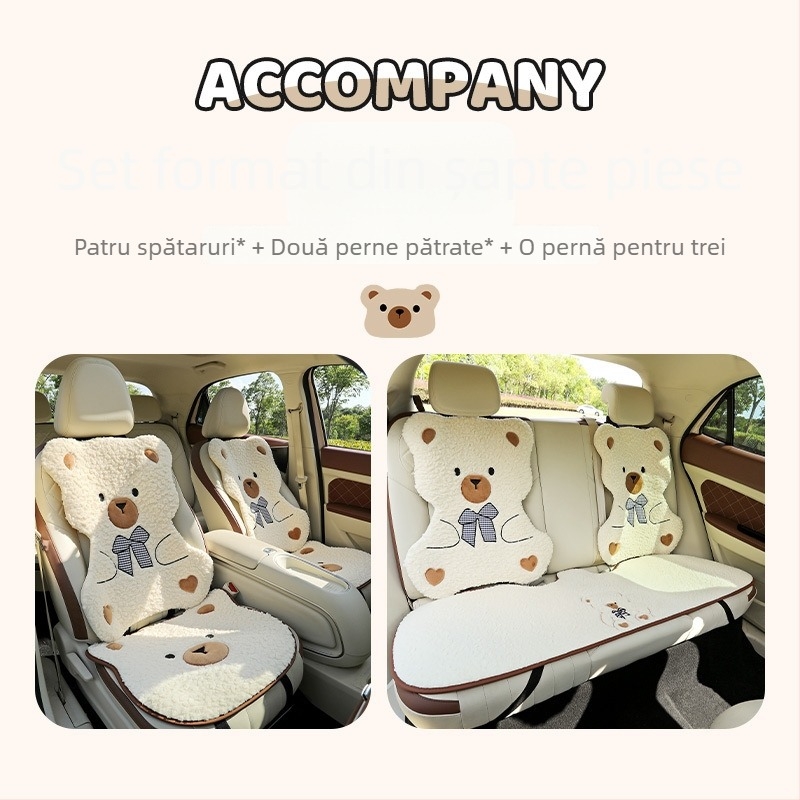 Set de trei perne pentru scaunul auto, iarnă, potrivire universală pentru scaunul șoferului, suprafață pluș moale, antiaderent, design urs desen animat