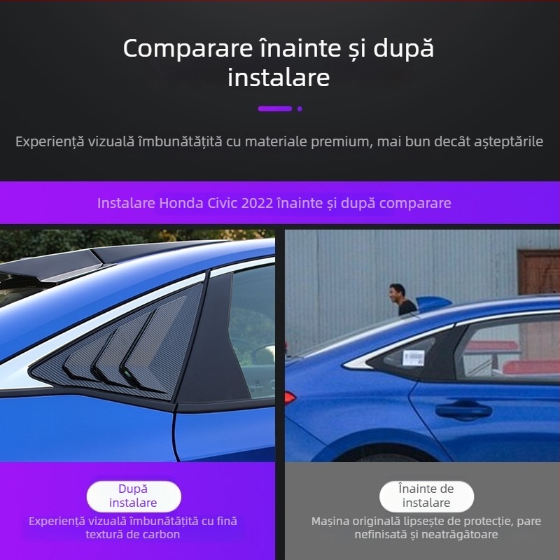 Yibo ABS decor pentru fereastra spate triunghiulară Honda Civic 2022, a 11-a generație — procesare personalizată; Material: ABS; Origine: Changzhou, Jiangsu; Potrivire: Honda Civic 2022, 11-a generație; Transmisie: automată