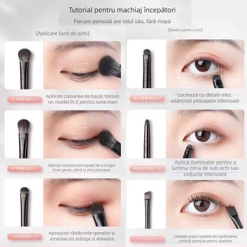 Set de pensule de machiaj cu 6 pensule sintetice, mâner din plastic, include geantă
