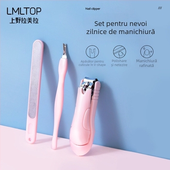 Lamela set de manichiură de 3 piese — Model 3036, Clește de unghii din oțel inoxidabil, Furcă în formă de V pentru cuticule, Bandă de șlefuire lustruită