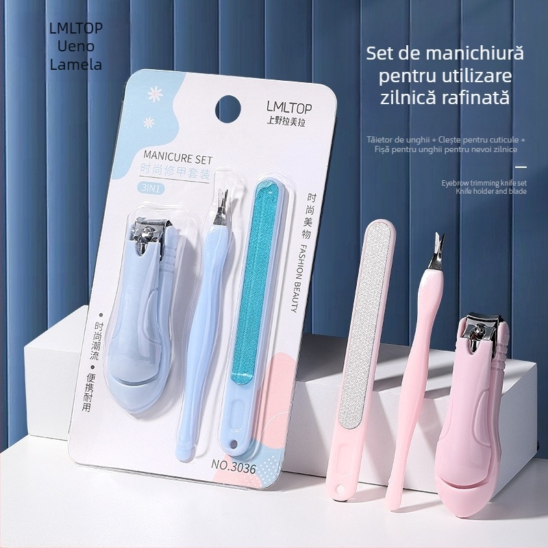 Lamela set de manichiură de 3 piese — Model 3036, Clește de unghii din oțel inoxidabil, Furcă în formă de V pentru cuticule, Bandă de șlefuire lustruită