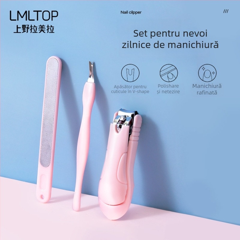 Lamela set de manichiură de 3 piese — Model 3036, Clește de unghii din oțel inoxidabil, Furcă în formă de V pentru cuticule, Bandă de șlefuire lustruită