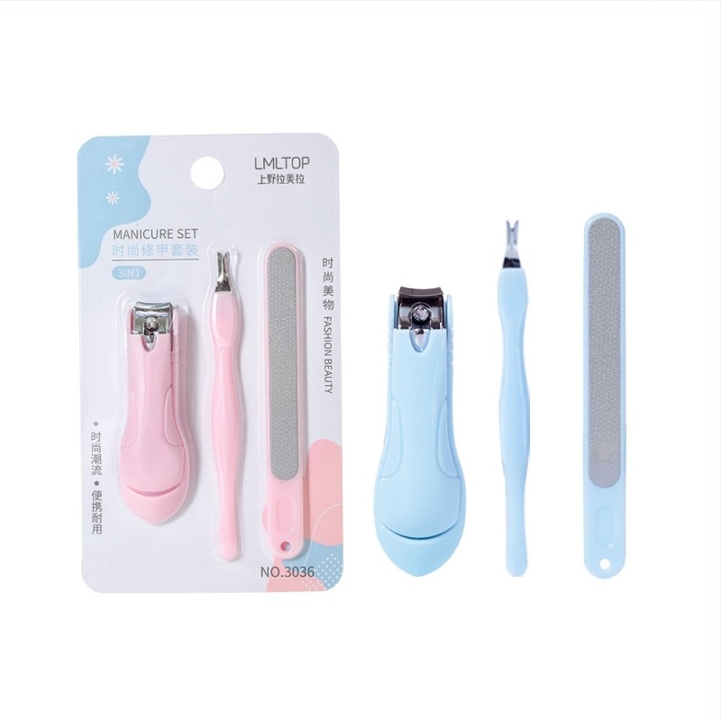 Lamela set de manichiură de 3 piese — Model 3036, Clește de unghii din oțel inoxidabil, Furcă în formă de V pentru cuticule, Bandă de șlefuire lustruită